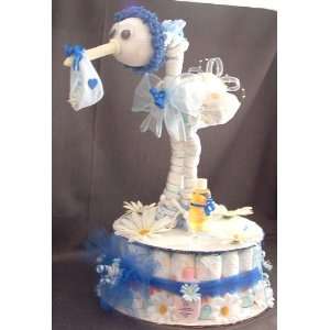 Blue DIAPER STORK Baby Shower Gift Centerpiece Boy Girl Diaper Cake 
