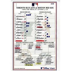  Blue Jays at Red Sox 9 14 2008 Game Used Lineup Card 