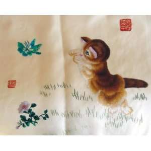  Chinese Hunan Silk Embroidery Cat Playing Butterfly 