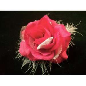    Dark Pink and White Feather Rose Hair Flower Clip 