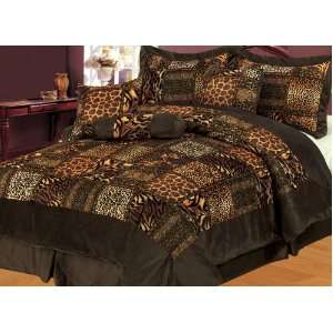  7Pcs King Safari Brown Micro Fur Comforter Set