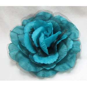 NEW Oversized Turquoise Blue and Black Sheer Rose Hair Flower Clip Pin 