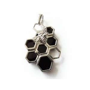  Fancy Black Onyx Bee on Honeycomb Sterling Silver Pendant 