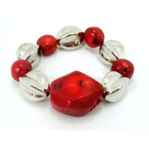   , Semi Precious Stone, Coral and Acrylic Stretch Bracelet Jewelry