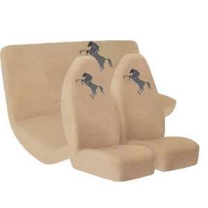 4pc TAN High Back Seat Covers and Bench Cover with Black Mustang Horse 