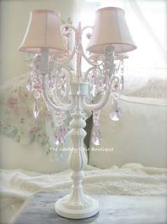   Beaded Candelabra Lamp Pink Crystal Prism Antique White &Shade  