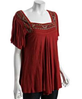 Free People cayenne red rib jersey Freida embroidered neck blouse 