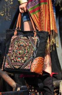 Hobo Ethnic Canvas Embroidered Shoulder Bag Hand Bag BLACK   Bohemian 