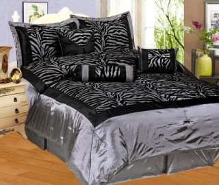 Zebra Faux Silk Satin Comforter Set Silver Gray Black  