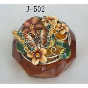  Amber Glass Jewelry Trinket Box W Mosaic Butterfly and 