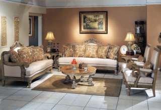 Classic Wood Ivory Gold Fabric Sofa Loveseat 2 Pc Living Room Set 