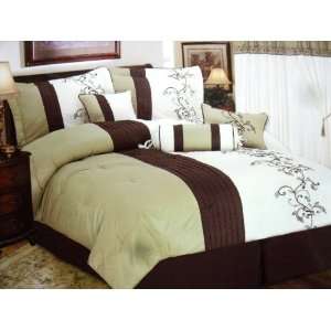 7pc King 100% Cotton Green Sage/gold/beige Comforter Set Spread Bed in 