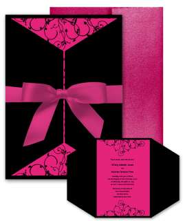 Cali Hot Pink Black Scroll Swirl Pocket Invitations  