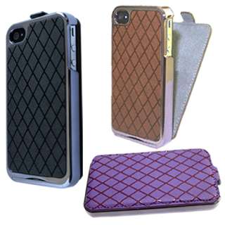 Dual use Grid Flip Leather Chrome Hard Back Case Cover for iPhone 4 4S 
