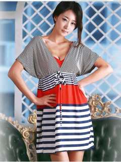 Women Deep V neck Striped Empire Waist Mini Dress  