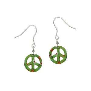   French Wire with Hand Blown Green Glass Peace Sign Earrings Jewelry