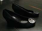 NEW TORY BURCH SALLY BLACK SUEDE WEDGE LEATHER LOGO PUMP 8.5