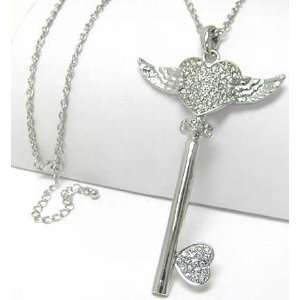   Key with Wings Charm Necklace on LONG 30 Silver Tone Chain Comes Gift