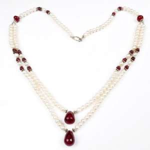  Handcrafted 2 Strands Fresh Water Pearl & Ruby Drops Beaded 