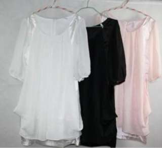 Korean Fashion Women Chiffon Puff Sleeve Long Blouse Dress Black White 