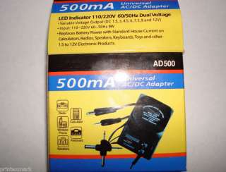 UNIVERSAL AC TO DC ADAPTER 1.5 3 4.5 6 7.5 9 12 V 500MA  