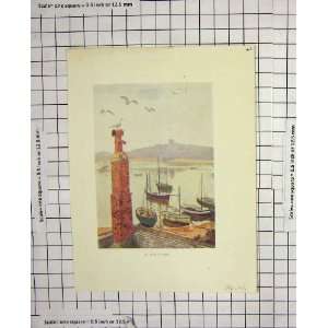   COLOUR PRINT VIEW ST. MARYS POOL FISHING BOATS BIRDS