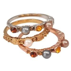   Pearl and Crystal Tricolor Gold Tone Stackable Ring Set   Size 6