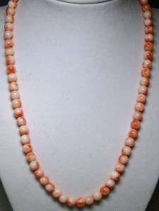 Vintage Salmon Angel Skin Coral 6mm Bead Necklace~14K Yellow Gold 