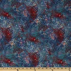  44 Wide Silk Crepe De Chine Mums Teal/Red Fabric By The 