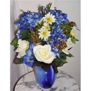   Sapphire Blue Silk Hydrangea & Rose Floral Arrangement