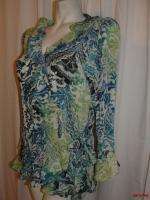   EAST 5th Green Damask Dream 3/4 Sleeve Ruffle Wrap Blouse Top S  