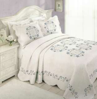   EMB FLORAL SCALLOP BLUE LAVENDER ALL COTTON QUILTED BEDSPREAD T,F,Q,K