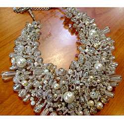 Wire woven White Glass Beads Bib Necklace (India)  