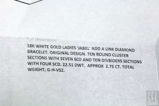 JABEL 18K WHITE GOLD 2.75CT VS2/G H DIAMOND CLUSTER LINK BRACELET $ 