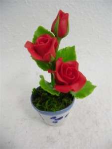 Handmade Miniature Dollhouse Clay Roses In Ceramic Pot  