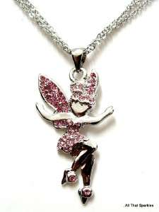 Pink Crystal Tinkerbell Fairy Girls Pendant Necklace  
