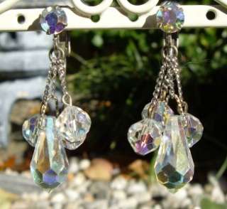 Vintage Aurora Borealis Crystal Dangle Clip Earrings  