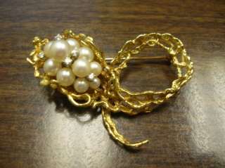 14K Yellow Gold Pearl and Diamond Brooch  