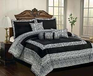 7pc Safari Black White Faux Silk and Flocking Zebra Leopard Comforter 