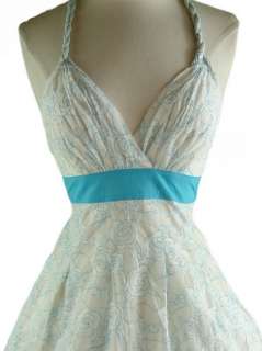 50s Style AQUA Florals Braided HALTER PINUP Sun Dress  