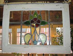 Vintage Antique Leaded Glass Window with Flower, Red, Green E256 