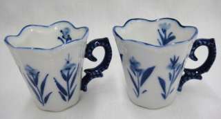 Colbalt Blue & White 2 Demitasse Tea Cups Flowers  