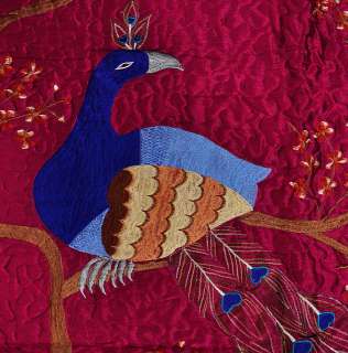 Antique Handmade Embroidered Peacock Bedspread Silk With Cotton Bed 
