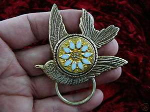 E556) Gold Czech Eyeglass bird pin pendant ID badge holder  