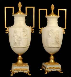 Pair Antique Italian Neoclassical Alabaster Bronze Urns  