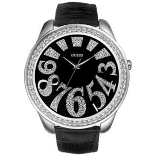 GUESS WATCH BLACK LEATHER STRAP,CRYSTALS G85850L NEW  