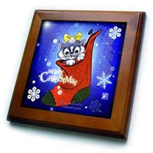 3dRose LLC Milas Art Christmas   Merry Christmas Cat   Framed Tiles