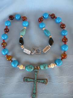 Vintage Necklace w/ Multi Color Beads and Sterling Cross Pendant *L 