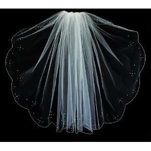  Single Layer Scalloped Edge Veil with Pearls and Crystals 