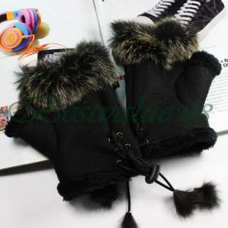 Fingerless suede leather gloves with genuine rabbit fur which serves 